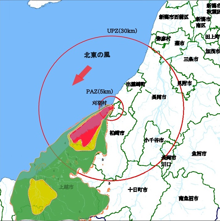 放射性物質の拡散（北東の風）
