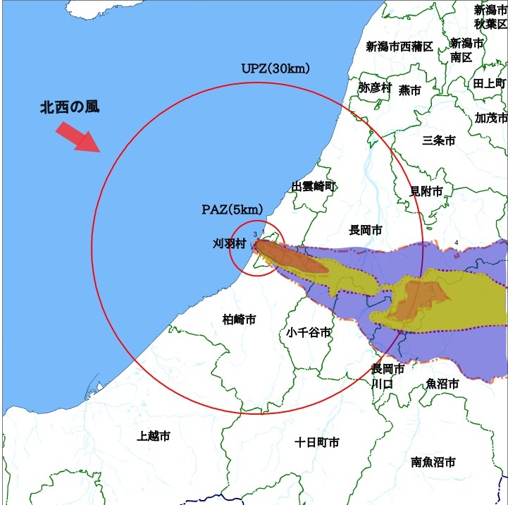 放射性物質の拡散（北西の風）