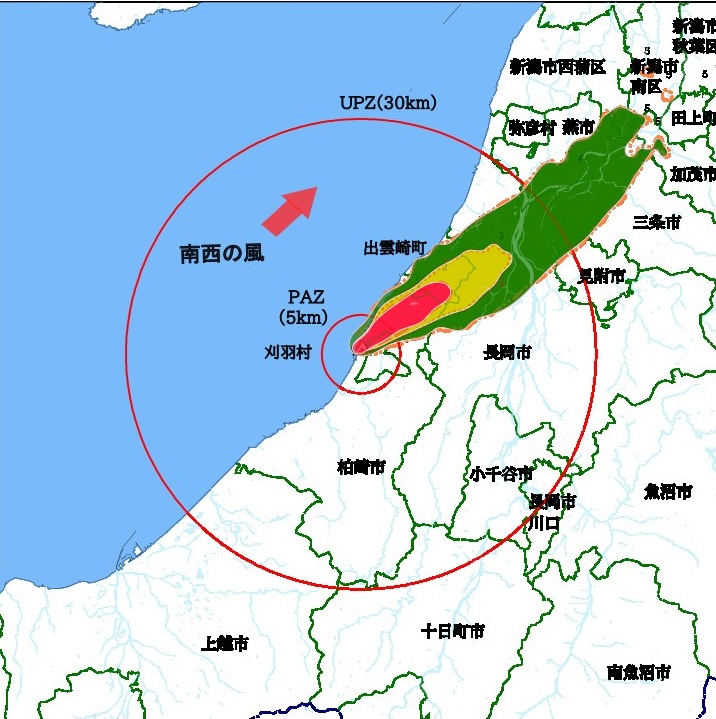 放射性物質の拡散（南西の風）