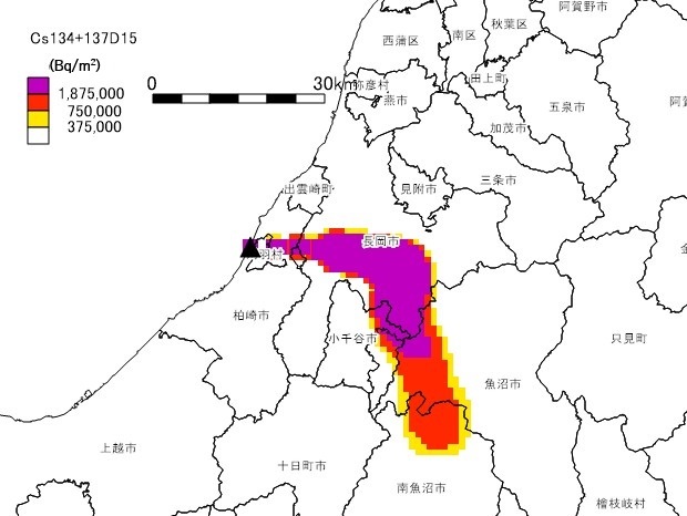 放射性物質の土壌沈着（西の風→北西の風）