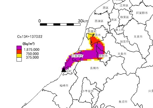 放射性物質の土壌沈着（西の風→南東の風)